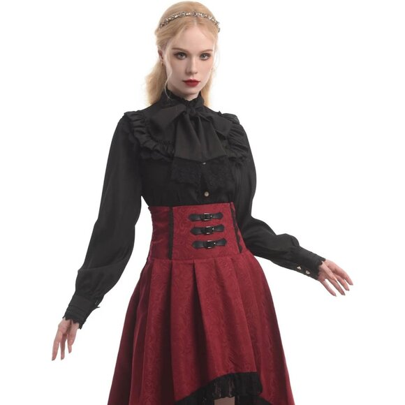 Women Black Victorian Blouse Gothic Shirt Vintage Long Sleeve Lotus Ruffle Tops - Picture 4 of 9